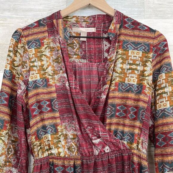 Forever21 Aztec Faux Wrap Cinch Waist Dress Red Orange Casual Womens Small - Picture 2 of 6